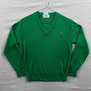 Vintage Izod Lacoste Green V-Neck Sweater Acrylic Blue Croc Logo Mens Size 18